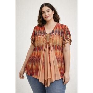 Zac Rachel Ombre Tunic Top Womens 1X Beaded Chiffon Short Sleeve